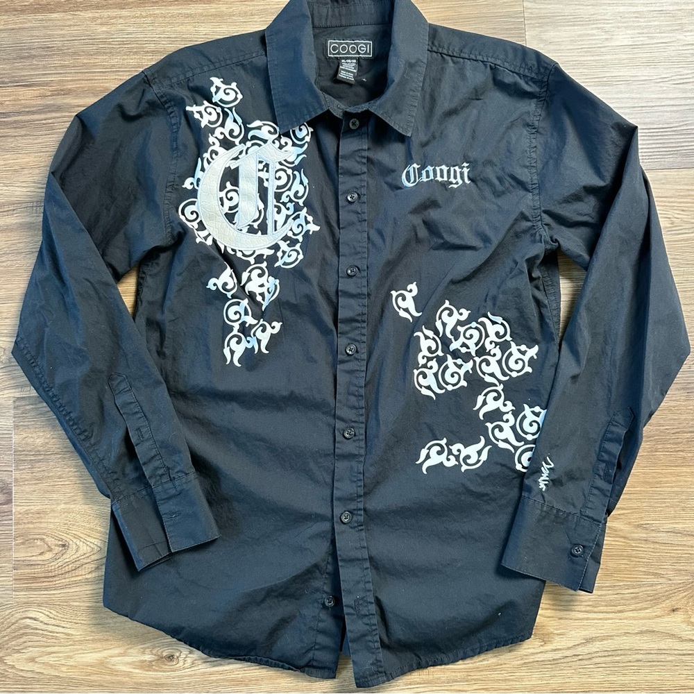 Coogi Shirt‎ Men XL Button Up Long Sleeve Embroidered Graphic Print Logo Black